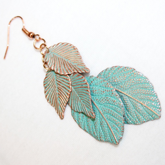 Faux Patina Leaf Drop Earrings NWOT - Picture 7 of 7